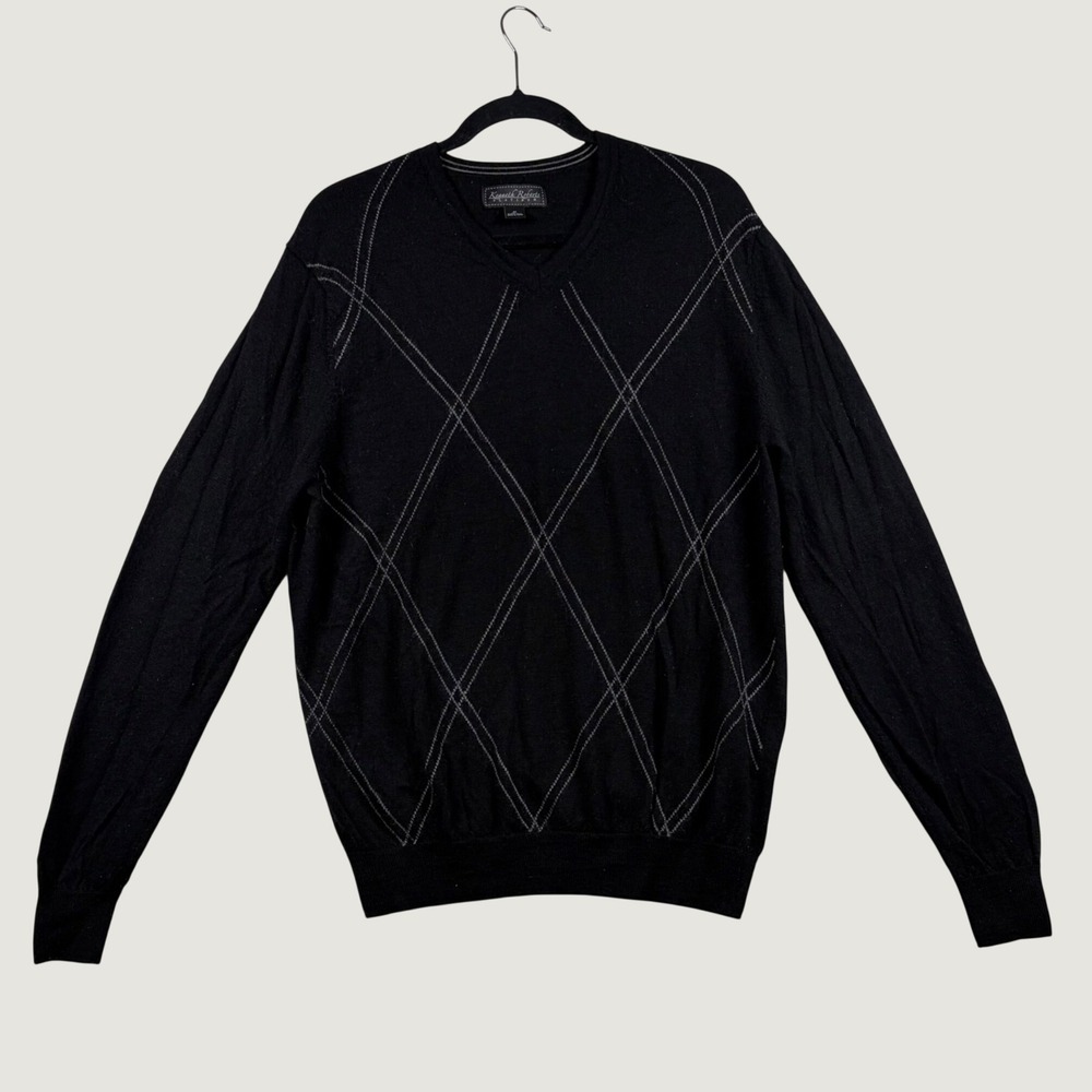Kenneth Roberts V-Neck Sweater Men Argyle Merino Wool Knit M Black Dark Academia